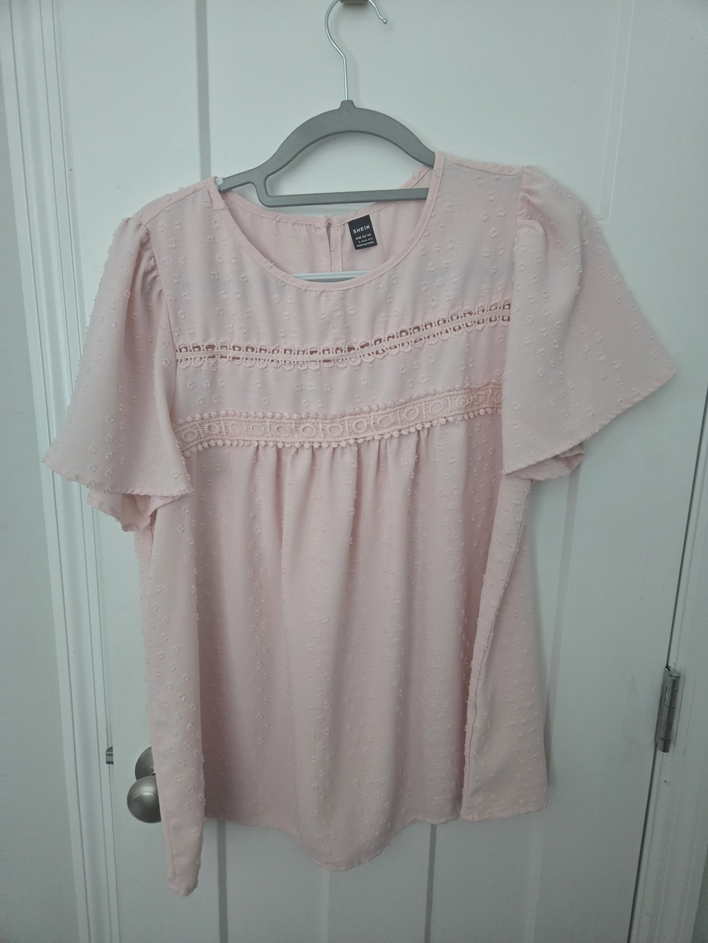 SHEIN Light Pink Swiss Dot Lace-Trim Flutter Sleeve Blouse